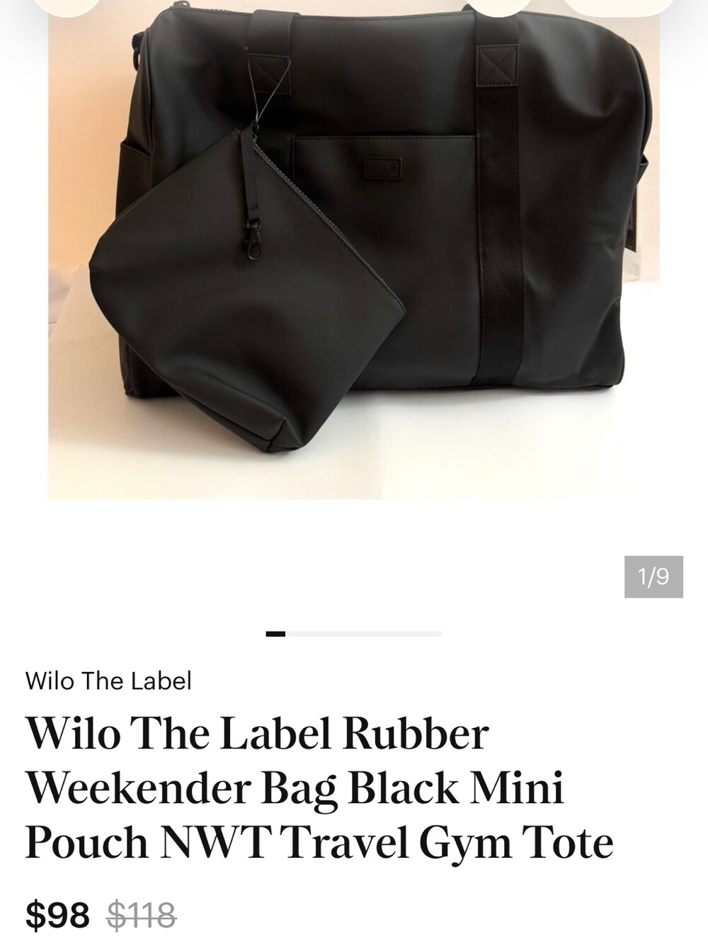 Wilo  Black rubber weekender  Travel Tote/ gym bag with Matching Pouch